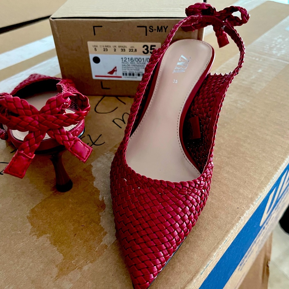 Red sling back kitten heel